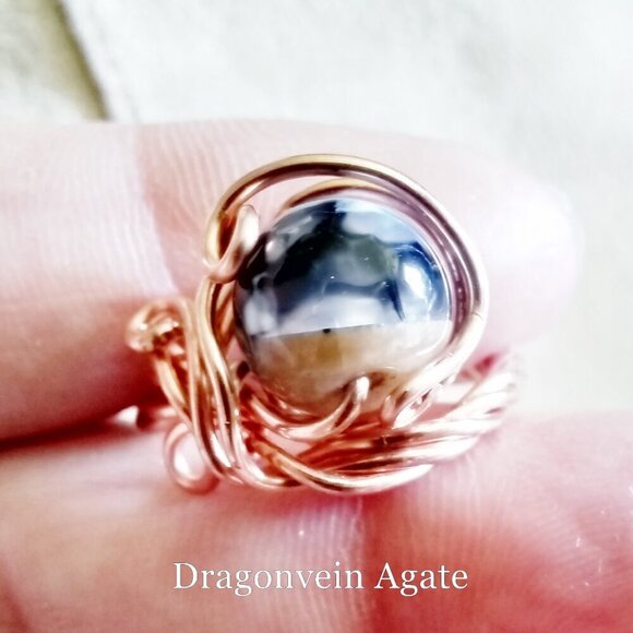 Size 7 ~ One-of-a-kind! Dragonvein Agate + Rock Bead - Embellished Copper Ring - Picture 10 of 12